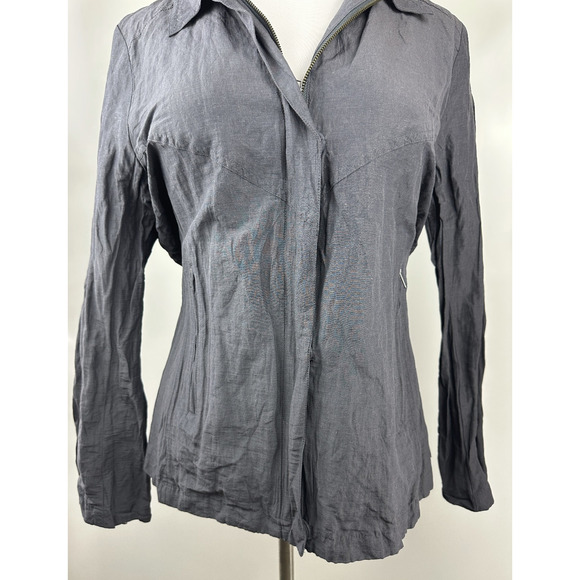 Eileen Fisher Grey Metallic Shimmer Crinkle Full Zip Jacket Long Sleeve Large - Picture 4 of 16